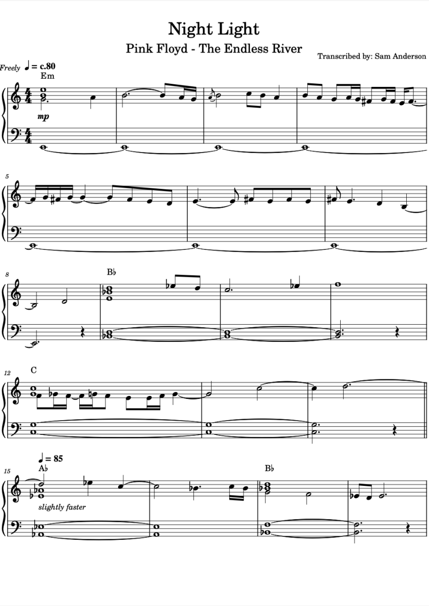 Night Light Note Pink Floyd Night Light Sheet Music Downloads