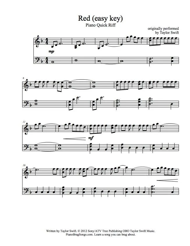 Taylor Swift Red Sheet Music Downloads