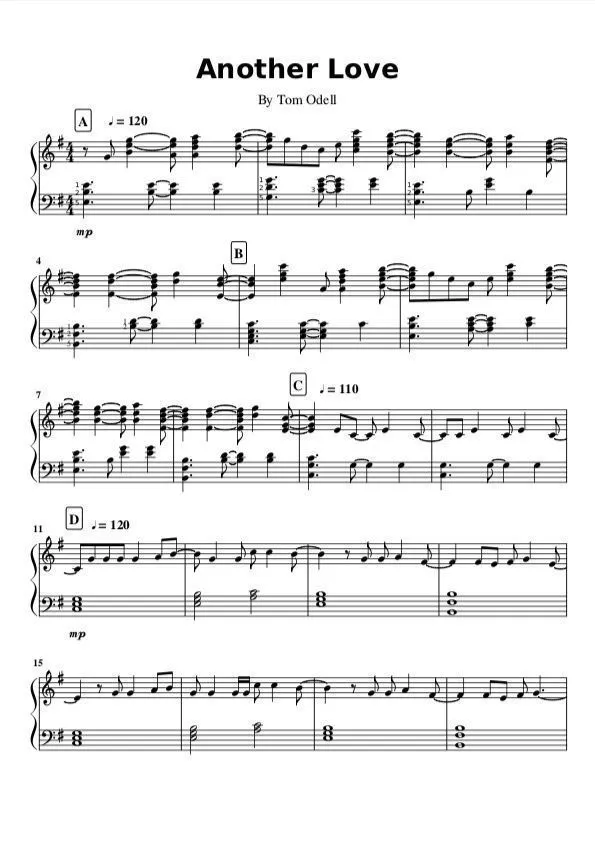 Tom Odell Another Love Sheet Music (Easy Piano) in E Minor (transposable)  - Download & Print - SKU: MN0126356