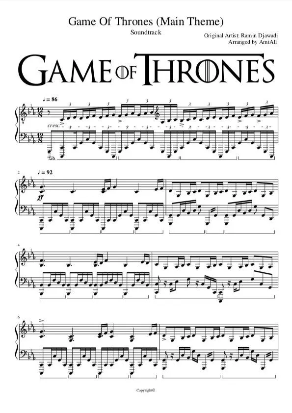 PianoClub: Game of Thrones (partitura com cifras - sheet music)